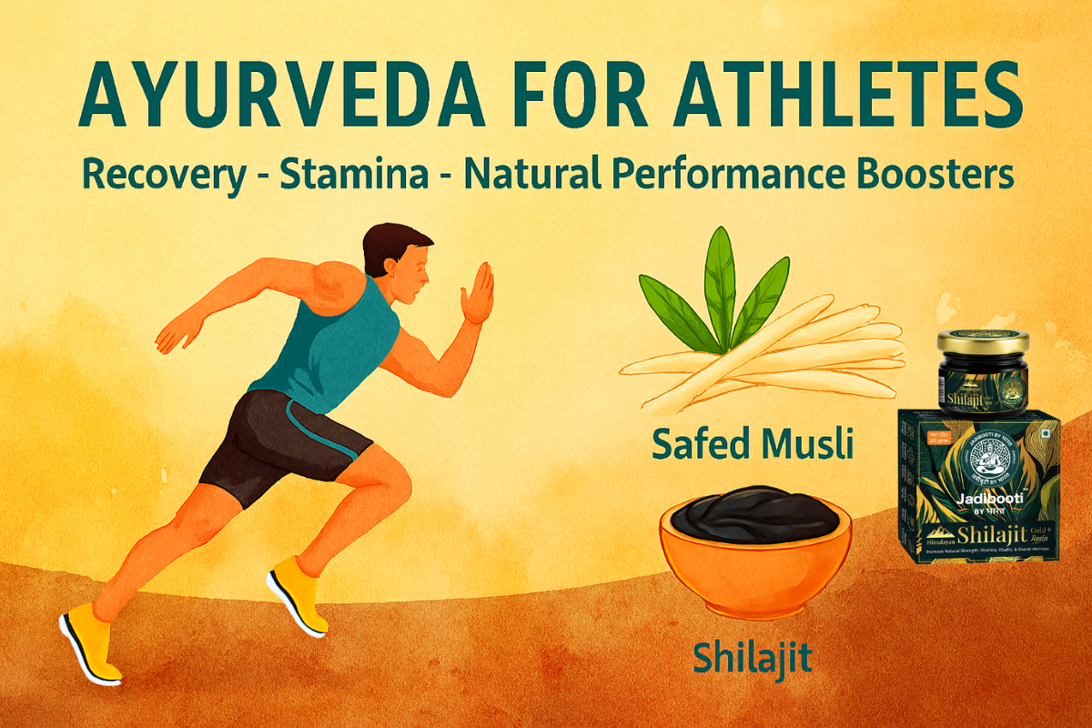 Infographic showing a running athlete alongside Himalayan Shilajit Gold jar and saffron flower, with the title “Ayurveda for Athletes” on a warm orange background, highlighting natural recovery and stamina support.